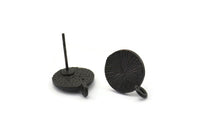 Black Earring Posts, 4 Oxidized Black Brass Round Earring Stud, Earring Charms With 1 Loop (10mm) N0793
