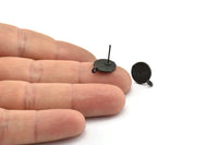 Black Earring Posts, 4 Oxidized Black Brass Round Earring Stud, Earring Charms With 1 Loop (10mm) N0793