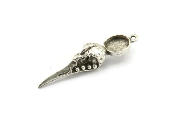 Bird Skull Charm, Antique Silver Plated Brass Bird Skull Necklace Pendants, Skull Charms With 1 Loop - Pad Size : 10mm (46x11x11mm) N2583