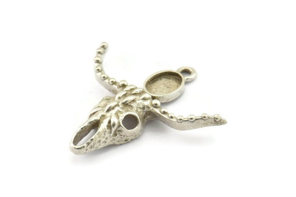 Silver Ox Skull, Antique Silver Plated Brass Ox Head Skull Charms With 1 Loop, Skull Pendants - Pad Size : 6x8mm (34x34x11x7mm) N2586