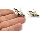 Silver Ox Skull, Antique Silver Plated Brass Ox Head Skull Charms With 1 Loop, Skull Pendants - Pad Size : 6x8mm (34x23x9mm) N2581