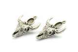 Silver Ox Skull, Antique Silver Plated Brass Ox Head Skull Charms With 1 Loop, Skull Pendants - Pad Size : 6x8mm (34x23x9mm) N2581