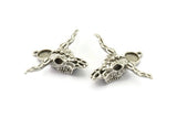 Silver Ox Skull, Antique Silver Plated Brass Ox Head Skull Charms With 1 Loop, Skull Pendants - Pad Size : 8mm (47x38x12mm) N2604
