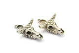 Silver Ox Skull, Antique Silver Plated Brass Ox Head Skull Charms With 1 Loop, Skull Pendants - Pad Size : 6x8mm (39x25x9mm) N2602 Q0655