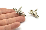 Silver Ox Skull, Antique Silver Plated Brass Ox Head Skull Charms With 1 Loop, Skull Pendants - Pad Size : 6x8mm (39x25x9mm) N2602 Q0655