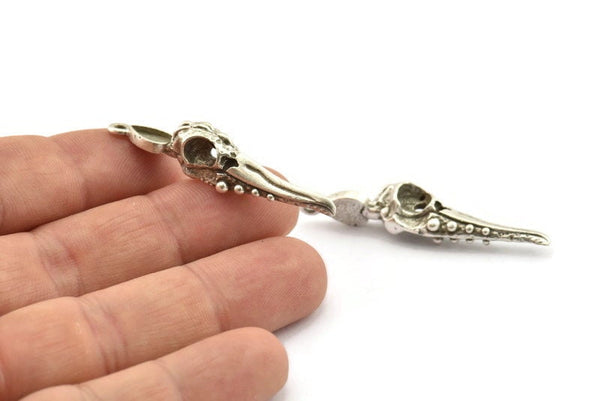 Bird Skull Charm, Antique Silver Plated Brass Bird Skull Necklace Pendants, Skull Charms With 1 Loop - Pad Size : 6x8mm (46x9x10mm) N2600