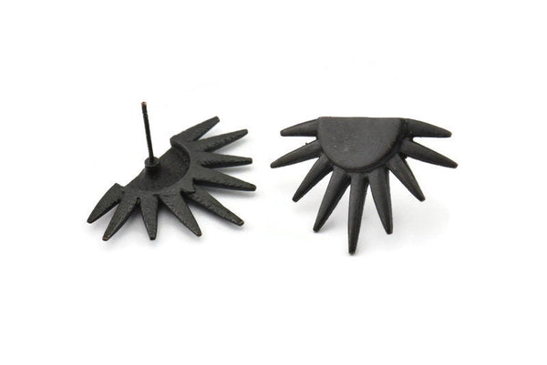 Black Sun Earring, 2 Oxidized Black Brass Sun Stud Earrings (19x29mm) N0963