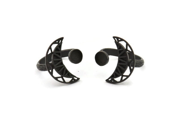 Black Ring Setting, Oxidized Black Brass Moon And Planet Ring With 1 Stone Setting - Pad Size 6mm N1273