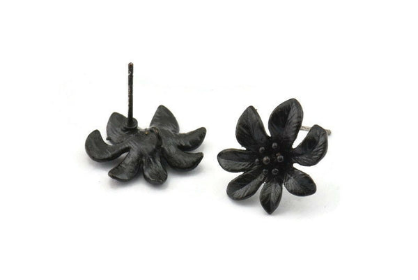 Siyah Çiçek Küpe, 2 Oksitlenmiş Siyah Pirinç Çiçek Küpe (16x15mm) N1169