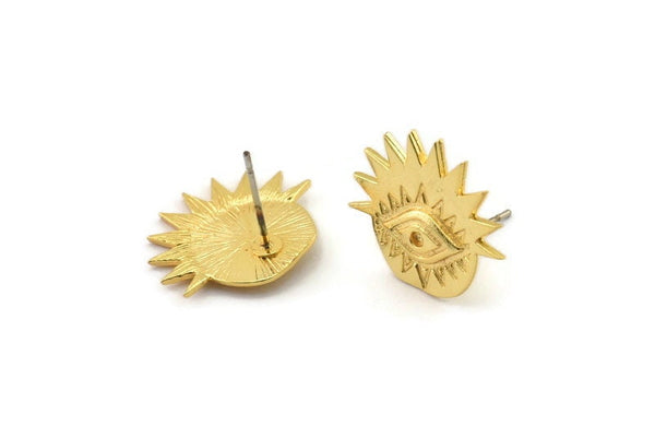 Gold Eye Earring, 2 Gold Plated Brass Eye Stud Earrings (19x16x1mm) N1324