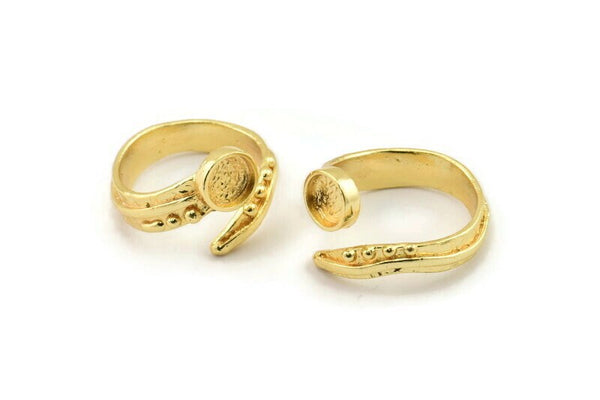 Gold Ring Setting, Gold Plated Brass Adjustable Rings With 1 Stone Settings - Pad Size 6mm N2569