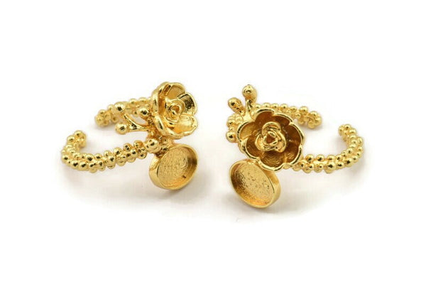 Gold Flower Ring, Gold Plated Brass Adjustable Rings With 1 Stone Settings - Pad Size 6x8mm N2579
