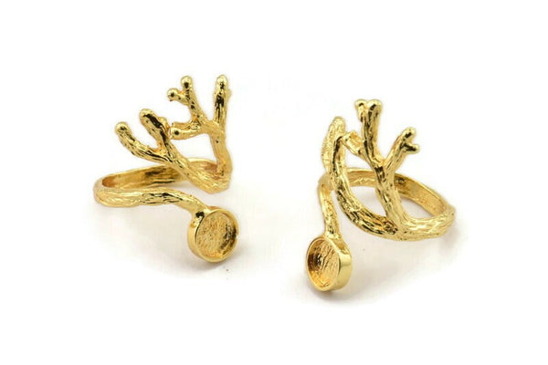 Gold Ring Setting, Gold Plated Brass Adjustable Rings With 1 Stone Settings - Pad Size 6mm N2552