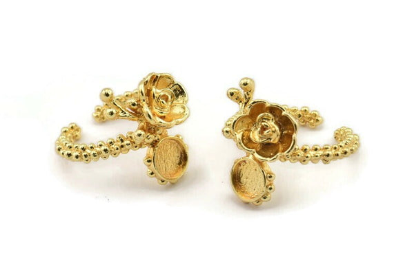 Gold Flower Ring, Gold Plated Brass Adjustable Rings With 1 Stone Settings - Pad Size 6mm N2539