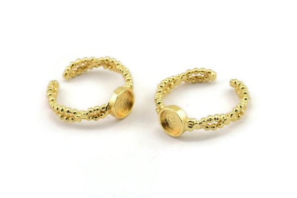Gold Ring Setting, Gold Plated Brass Adjustable Rings With 1 Stone Settings - Pad Size 6mm N2549