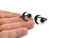 Black Ring Settings, 2 Oxidized Black Brass Moon And Sun Ring With 1 Stone Setting - Pad Size 4mm N1497