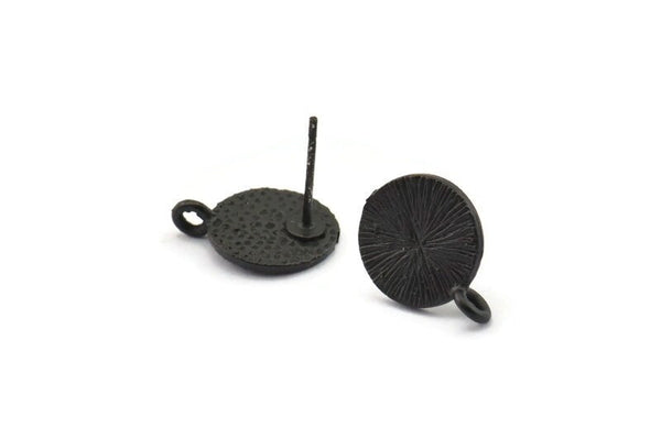 Black Earring Posts, 4 Oxidized Black Brass Round Earring Stud, Earring Charms With 1 Loop (10mm) N0793