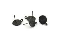 Black Earring Posts, 4 Oxidized Black Brass Round Earring Stud, Earring Charms With 1 Loop (10mm) N0793
