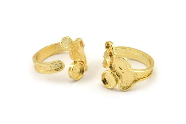 Gold Ring Setting, Gold Plated Brass Adjustable Rings With 1 Stone Settings - Pad Size 6mm N2545