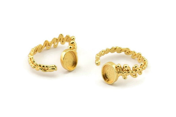 Gold Ring Setting, Gold Plated Brass Adjustable Rings With 1 Stone Settings - Pad Size 6x8mm N2576