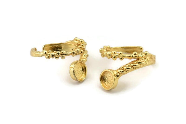 Gold Ring Setting, Gold Plated Brass Adjustable Rings With 1 Stone Settings - Pad Size 6mm N2564