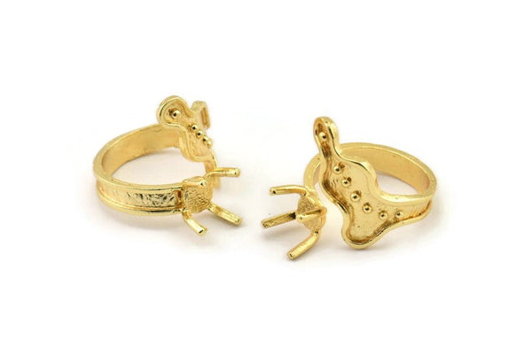 Gold Ring Settings, Gold Plated Brass Claw Rings, Adjustable Rings - Pad Size 6mm N2534