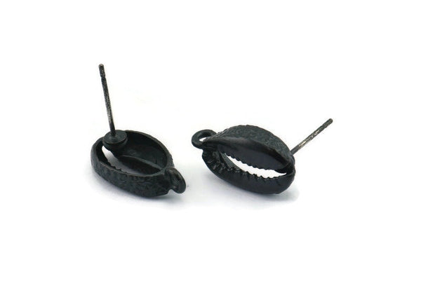 Black Shell Earring, 4 Oxidized Black Brass Cowrie Shell Stud Earrings With 1 Loop, Findings (16x9mm) N0909