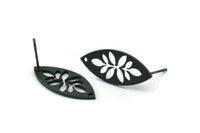 Black Marquise Earring, 8 Oxidized Black Brass Leaf Patterned Marquise Shaped Stud Earrings With 1 Hole (24x10x0.80mm) A6216 A2812 H0189
