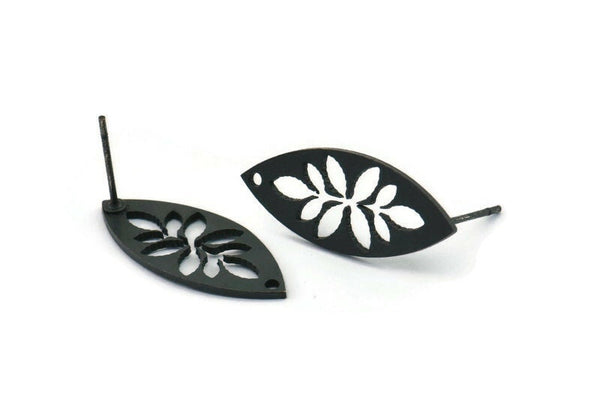 Black Marquise Earring, 8 Oxidized Black Brass Leaf Patterned Marquise Shaped Stud Earrings With 1 Hole (24x10x0.80mm) A6216 A2812 H0189