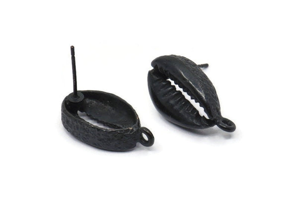 Black Shell Earring, 2 Oxidized Black Brass Cowrie Shell Stud Earrings With 1 Loop, Findings (20x11mm) N0910