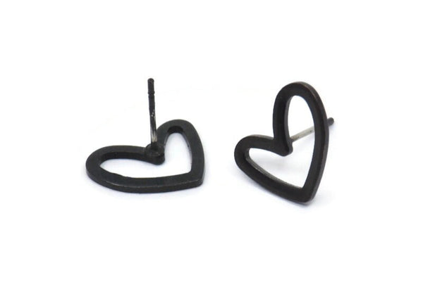 Blac Heart Earring, 8 Oxidized Black Brass Heart Stud Earrings (11x14x1mm) D1195 A1221 H0475