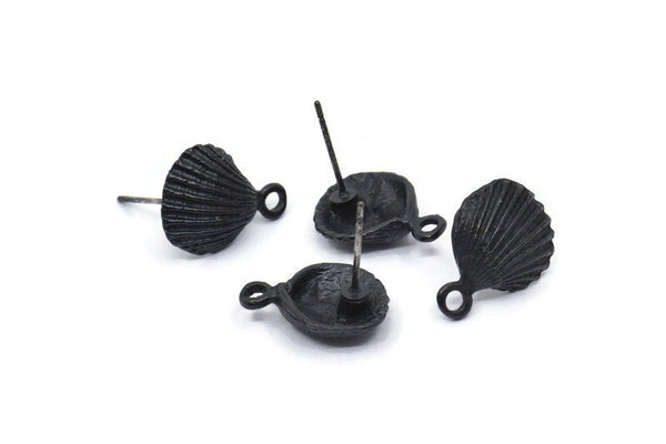 Black Shell Earring, 2 Oxidized Black Brass Sea Shell Stud Earrings With 1 Loop (16x12mm) N0904 A2302