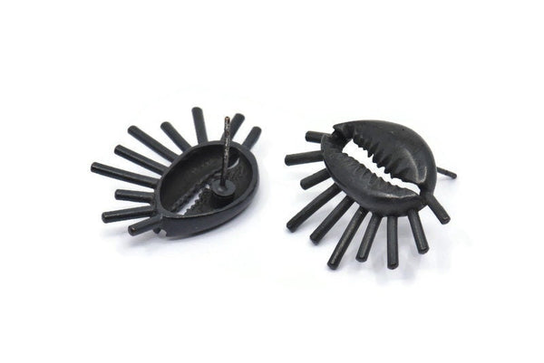 Black Shell Earring, 2 Oxidized Black Brass Cowrie Shell Stud Earrings, Findings (26x20mm) N1007 Q0963