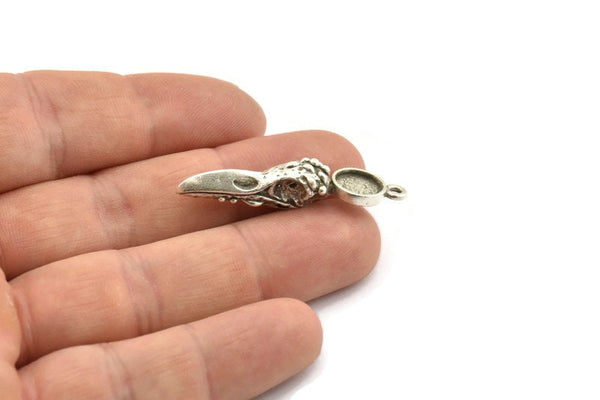 Bird Skull Charm, Antique Silver Plated Brass Bird Skull Necklace Pendants, Skull Charms With 1 Loop - Pad Size : 8mm (39x9x9mm) N2588