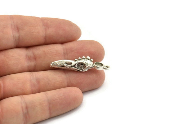 Bird Skull Charm, Antique Silver Plated Brass Bird Skull Necklace Pendants, Skull Charms With 1 Loop - Pad Size : 5mm (36x10x7mm) N2585