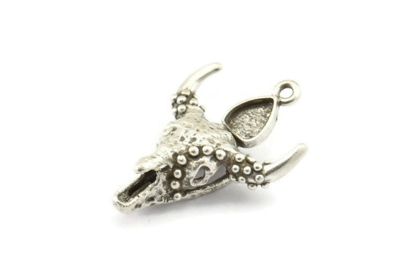 Silver Ox Skull, Antique Silver Plated Brass Ox Head Skull Charms With 1 Loop, Skull Pendants - Pad Size : 6x8mm (34x24x9mm) N2590