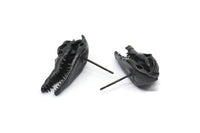 Black Crocodile Earring, 2 Oxidized Black Brass Crocodile Stud Earrings (27x10mm) N0961