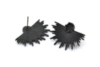 Black Sun Earring, 2 Oxidized Blac Brass Sunshine Badge Stud Earrings - Pad Size 6mm (31x21mm) N0769