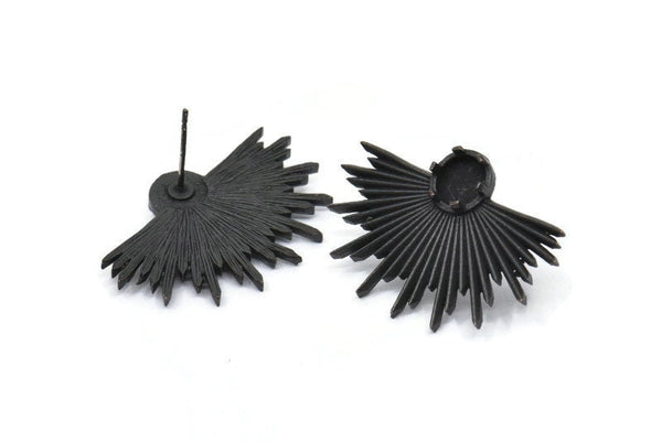Black Sun Earring, 2 Oxidized Blac Brass Sunshine Badge Stud Earrings - Pad Size 6mm (31x21mm) N0769