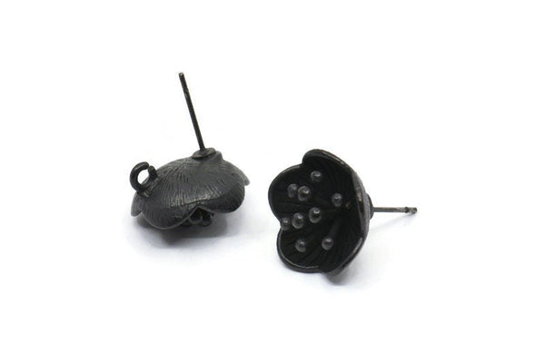 Siyah Çiçek Küpe, 1 Döngülü 2 Oksitlenmiş Siyah Pirinç Çiçek Küpe (16 mm) N1215