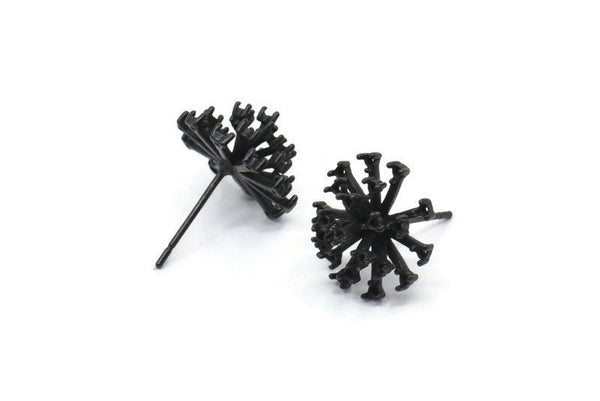 Siyah Çiçek Küpe, 1 Döngülü 4 Oksitlenmiş Pirinç Siyah Taraxacum Çivi Küpe (14 mm) N1180