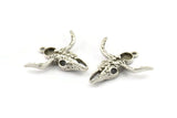 Silver Ox Skull, Antique Silver Plated Brass Ox Head Skull Charms With 1 Loop, Skull Pendants - Pad Size : 6mm (34x32x7mm) N2594