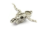 Silver Ox Skull, Antique Silver Plated Brass Ox Head Skull Charms With 1 Loop, Skull Pendants - Pad Size : 8mm (47x38x12mm) N2604