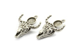 Silver Ox Skull, Antique Silver Plated Brass Ox Head Skull Charms With 1 Loop, Skull Pendants - Pad Size : 8mm (34x24x9mm) N2584