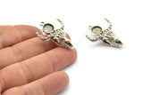 Silver Ox Skull, Antique Silver Plated Brass Ox Head Skull Charms With 1 Loop, Skull Pendants - Pad Size : 8mm (34x24x9mm) N2584