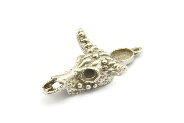 Silver Ox Skull, Antique Silver Plated Brass Ox Head Skull Charms With 1 Loop, Skull Pendants - Pad Size : 6x8mm (39x25x9mm) N2602 Q0655