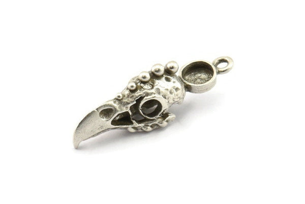 Bird Skull Charm, Antique Silver Plated Brass Bird Skull Necklace Pendants, Skull Charms With 1 Loop - Pad Size : 6mm (35x9x11mm) N2589