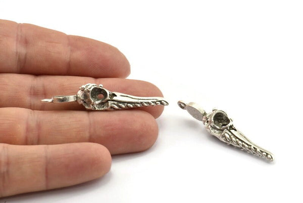 Bird Skull Charm, Antique Silver Plated Brass Bird Skull Necklace Pendants, Skull Charms With 1 Loop - Pad Size : 6x8mm (45x9x10mm) N2582