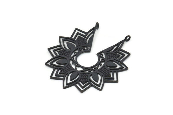 Black Ethnic Pendant, 2 Oxidized Black Brass Ethnic Motif Pendants With 2 Loops, Findings, Earrings, Charms (43x46mm) N0875