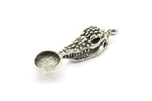 Silver Crocodile Skull, Antique Silver Plated Brass Crocodile Skull Pendants, Skull Charms With 1 Loop - Pad Size : 10mm (40x10x9mm) N2595